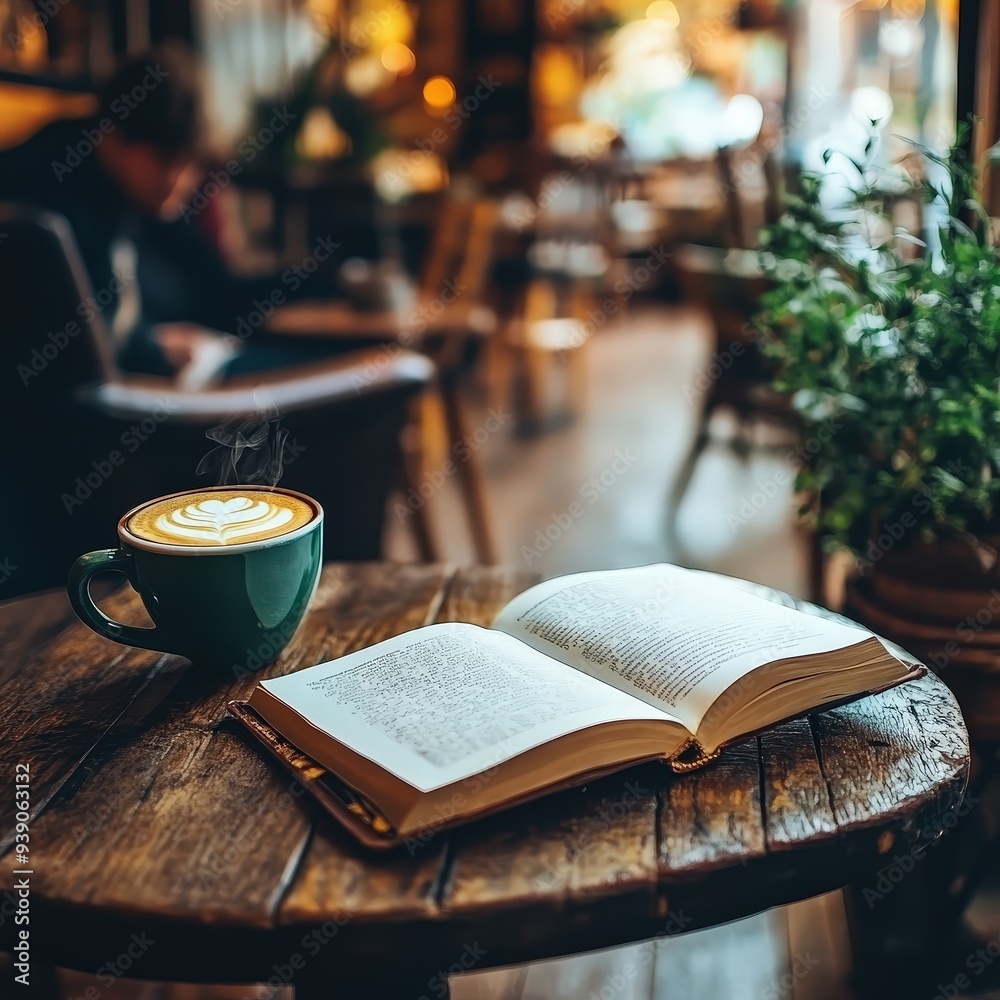 A coffee shop scene with a book open, a cup of coffee, and flowers.
