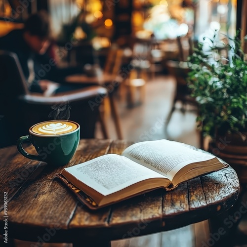 Obraz na płótnie A coffee shop scene with a book open, a cup of coffee, and flowers. w salonie