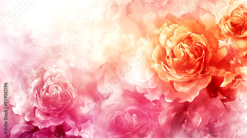 A beautiful pink and orange flower arrangement with a white background. The flowers are arranged in a way that they look like they are floating in the air. Scene is one of serenity and beauty