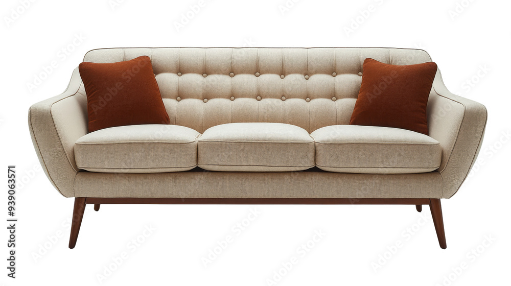 A compact, mid-century modern sofa with button-tufted cushions, tapered wooden legs, and a simple, elegant silhouette, combining retro charm with contemporary isolated on transparency background PNG A compact, mid-century modern sofa with button-tufted cushions, tapered wooden legs, and a simple, elegant silhouette, combining retro charm with contemporary isolated on transparency background PNG