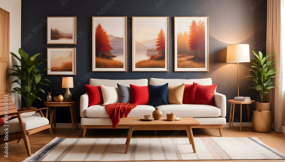 Interior mockup In a white room a blue sofa is placed next to a photo frame on the wall Interior mockup In a white room a blue sofa is placed next to a photo frame on the wall