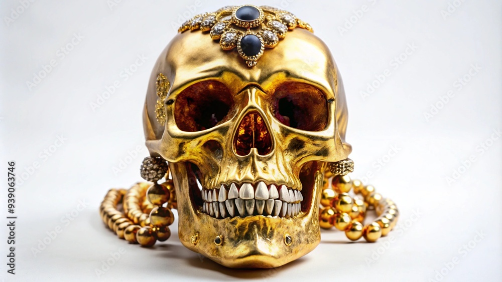 A skull with golden teeth and jewels embedded on a white background