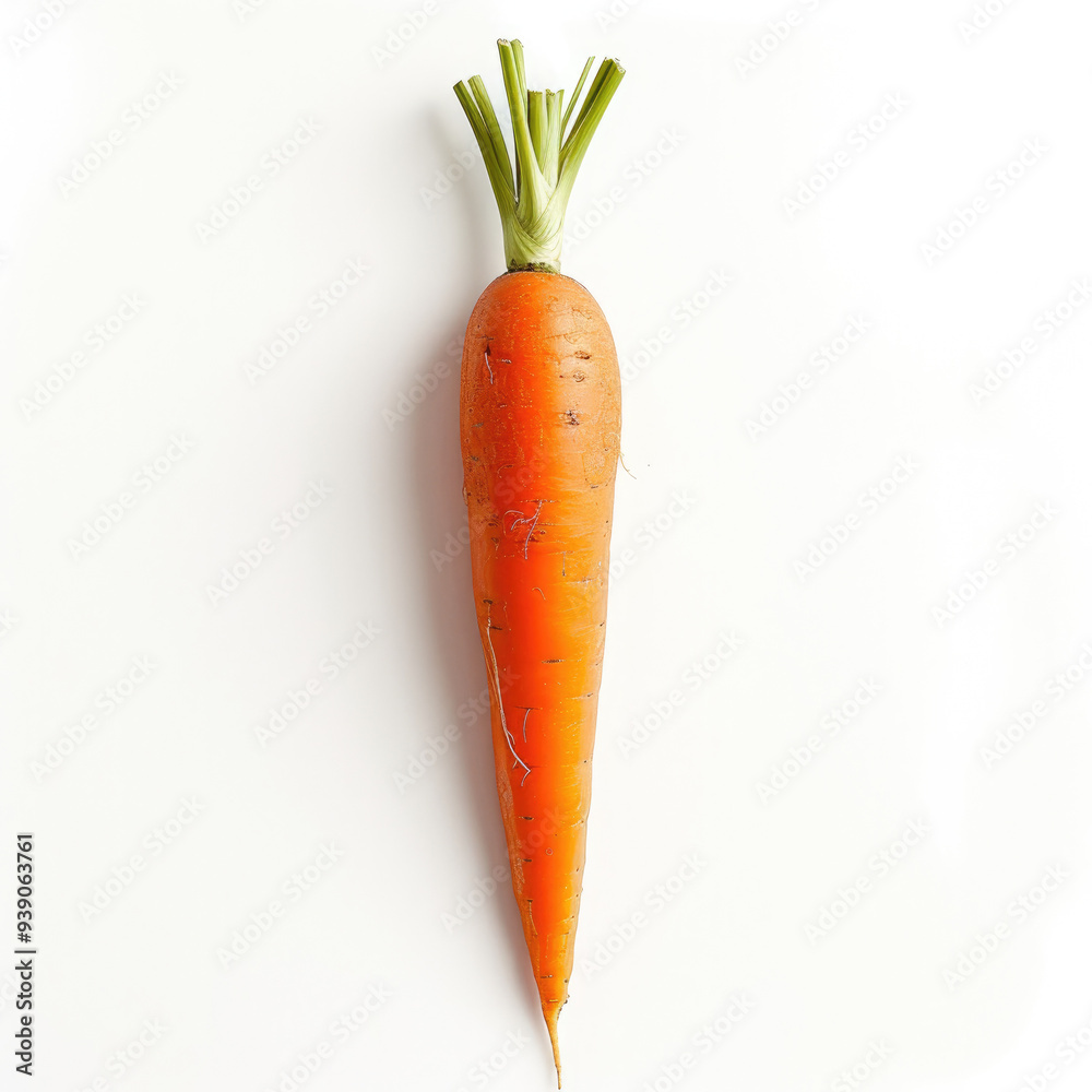 Microstock e-commerce photography, crisp image of single carrot on pure white background, Close-up shooting, emphasizing color and style