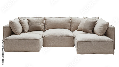 A minimalist sectional sofa in a soft fabric, with clean geometric lines, neutral color palette, and understated design, perfect for a stylish yet functional living space isolated on transparency back