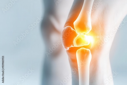 Closeup of a human knee with highlighted bones and red inflammation indicating pain.