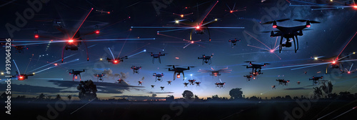 A dazzling display of aerial drones, illuminated by their integrated laser pointers.