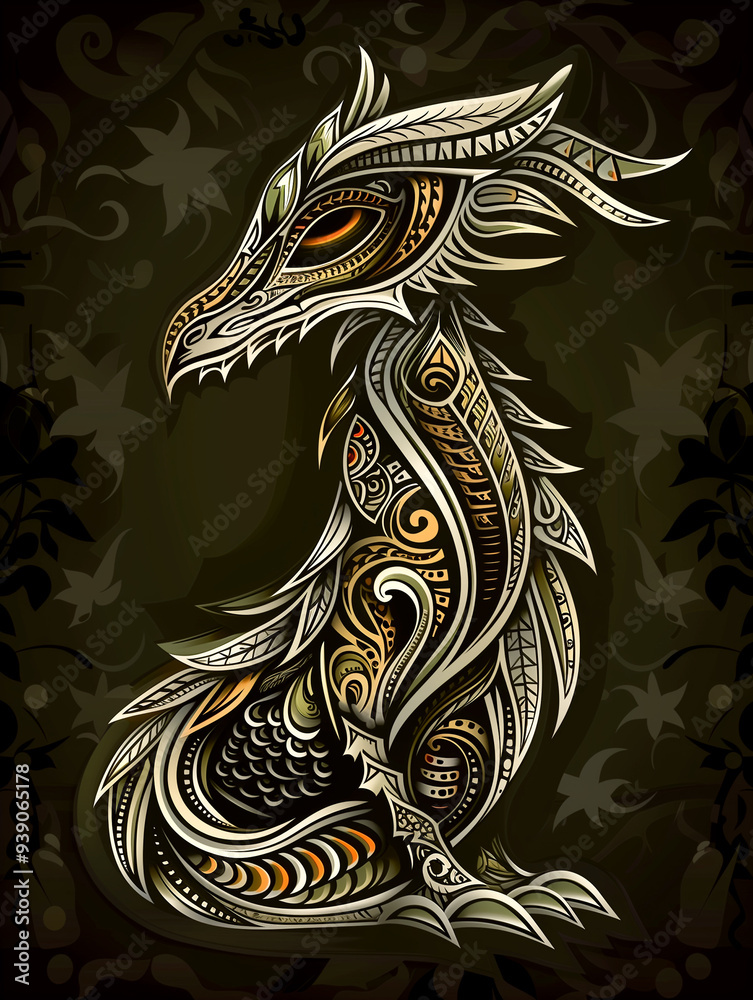 Obraz premium A dragon with a long tail and a large head. The dragon is sitting on a dark background