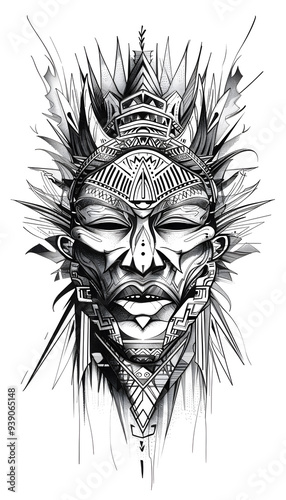 Tribal Menpo Mask Tattoo black and white illustration photo