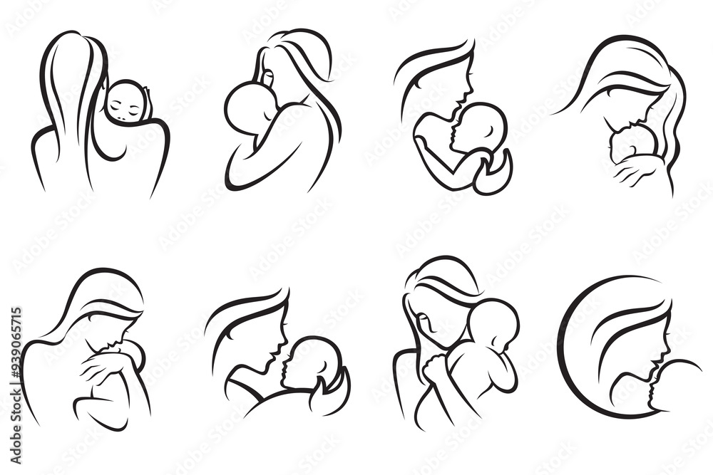 collection with illustration of mother holding her baby isolated on white background collection with illustration of mother holding her baby isolated on white background