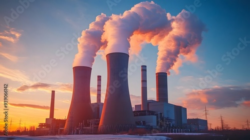 A large industrial plant is emitting smoke into the sky. The sun is setting, casting a warm glow over the scene. The smoke is billowing out of the plant, creating a sense of pollution