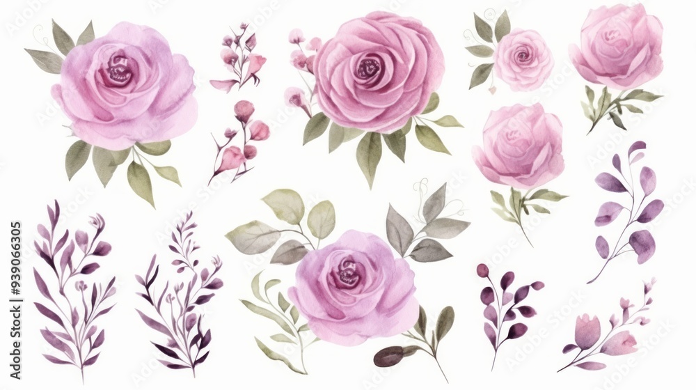 set of different fresh flowers in lilac colors on a white background. Neural network ai generated art set of different fresh flowers in lilac colors on a white background. Neural network ai generated art