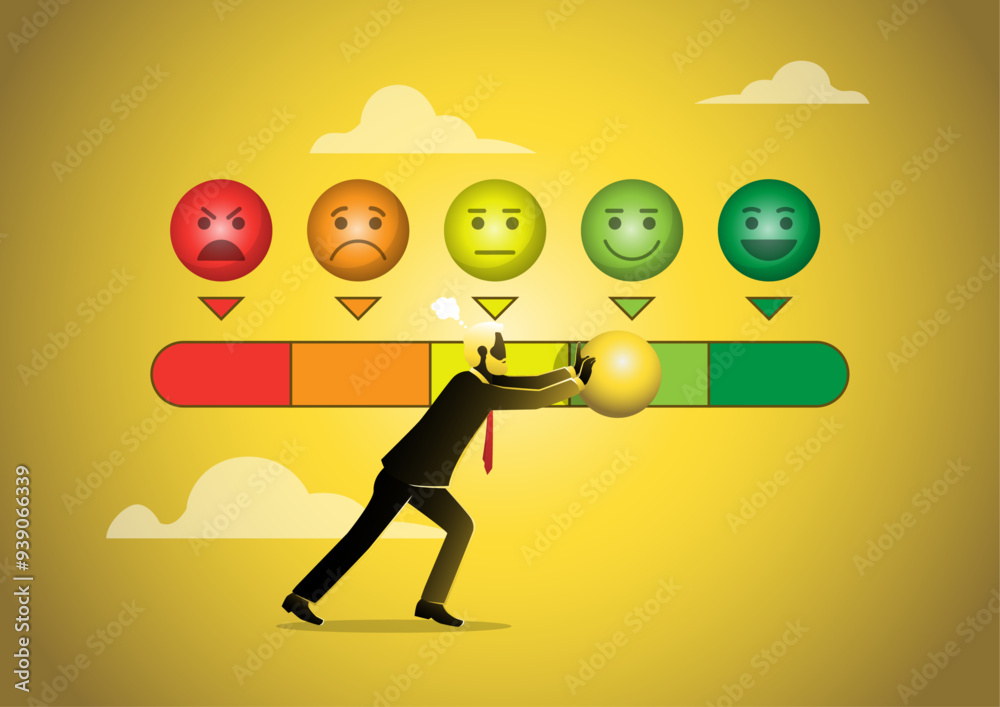 businessman attempting to pushing rating bar to excellent level businessman attempting to pushing rating bar to excellent level