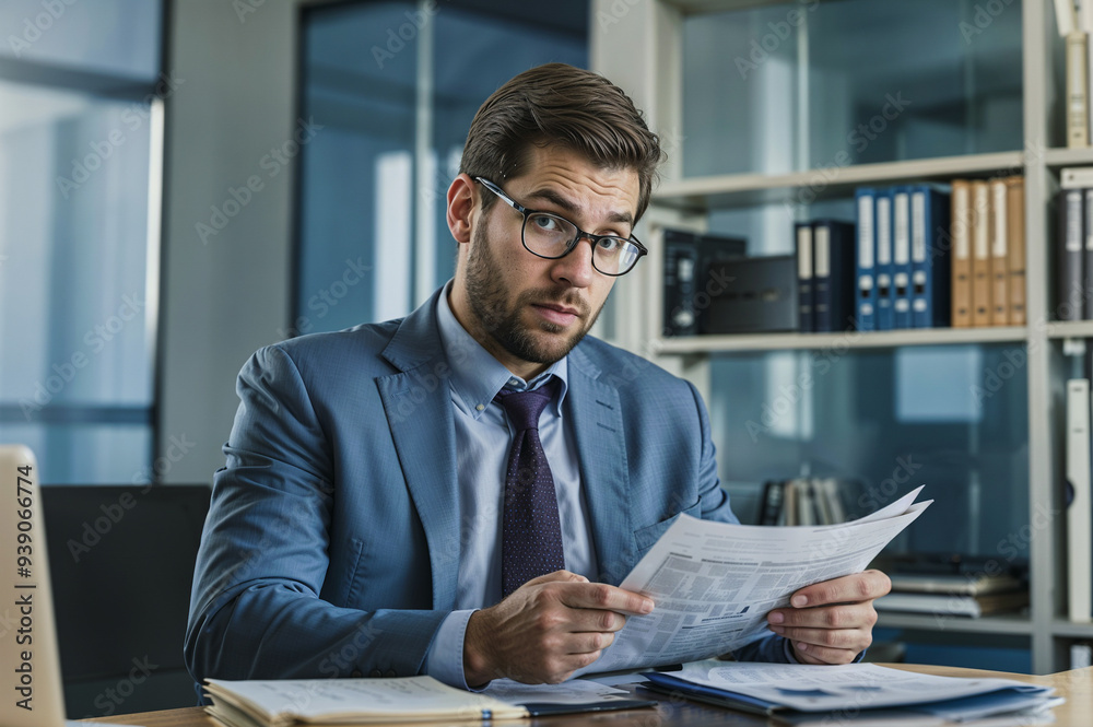 Fototapeta premium Work in office - Businessman with paperwork holding documents in office - a stressed businessman