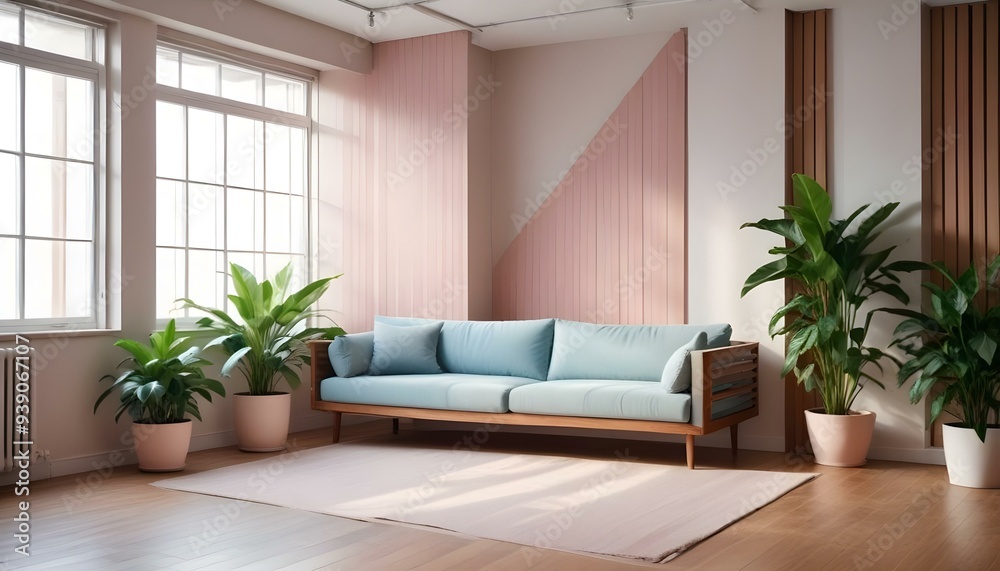 Interior mockup In a white room a blue sofa is placed next to a photo frame on the wall Interior mockup In a white room a blue sofa is placed next to a photo frame on the wall