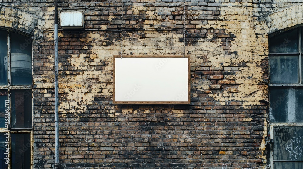 A weathered blank hanging signboard on a brick wall storefront, perfect for showcasing your brand or message in an industrial style. A weathered blank hanging signboard on a brick wall storefront, perfect for showcasing your brand or message in an industrial style.