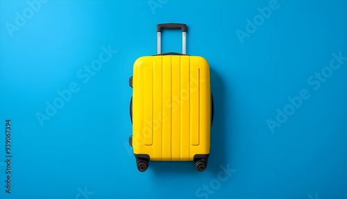 Yellow suitcase on a blue background. Travel and vacation concept in triples. Flat lay, top view
