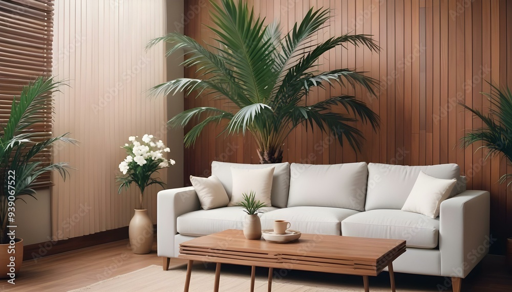 Interior mockup In a white room a blue sofa is placed next to a photo frame on the wall Interior mockup In a white room a blue sofa is placed next to a photo frame on the wall