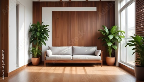 Interior mockup In a white room a blue sofa is placed next to a photo frame on the wall