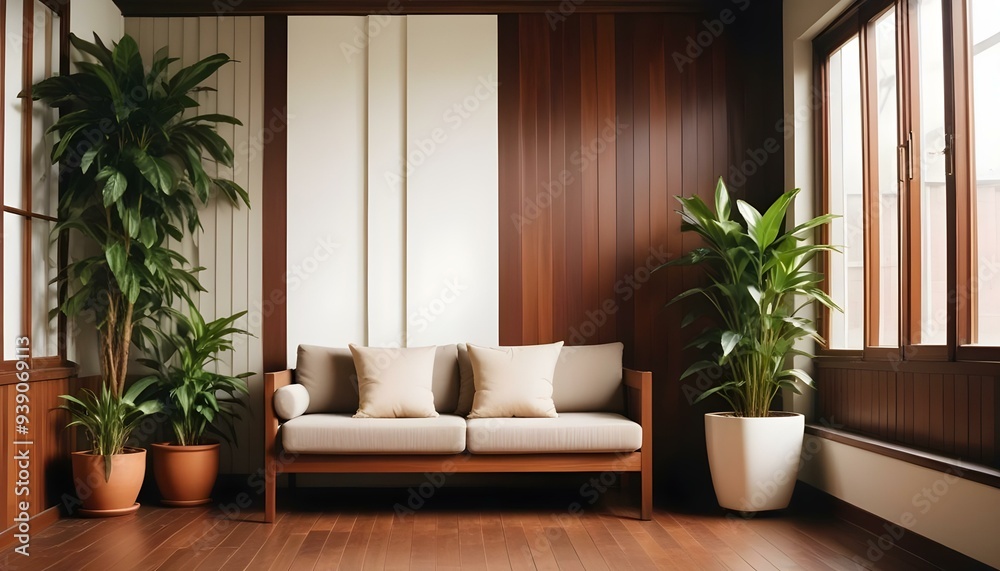 Interior mockup In a white room a blue sofa is placed next to a photo frame on the wall