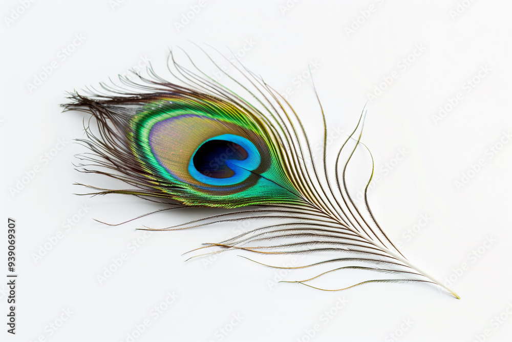 Obraz premium Peacock Feather on White Background