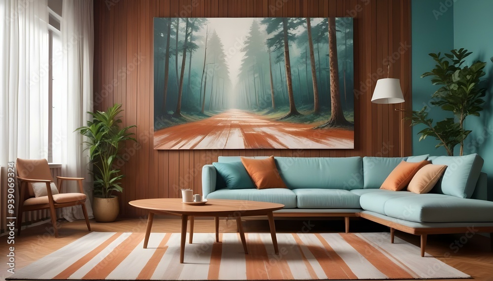 Interior mockup In a white room a blue sofa is placed next to a photo frame on the wall Interior mockup In a white room a blue sofa is placed next to a photo frame on the wall