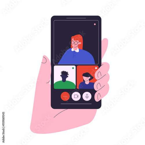 Holding cell phone conference calls with friends, collegues or students. Online mobile meeting with the mobile conferencing app. Hand with smartphone. Video conference call. Isolated illustration