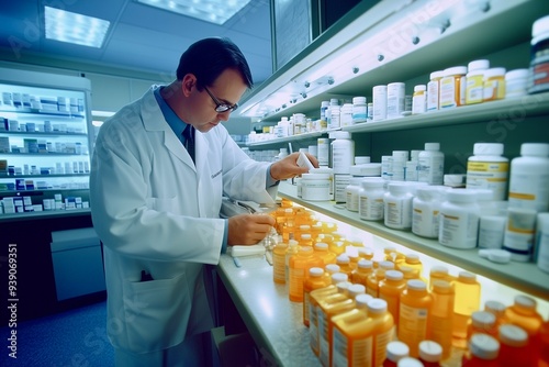 Pharmacy counter with a pharmacist filling a prescription.