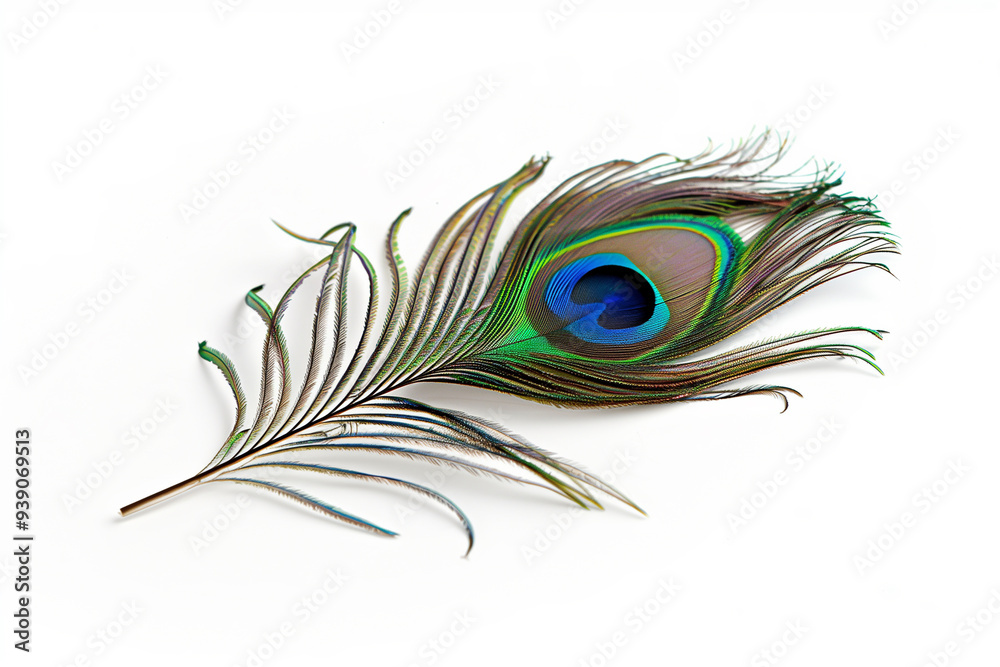 Obraz premium Peacock Feather on White Background