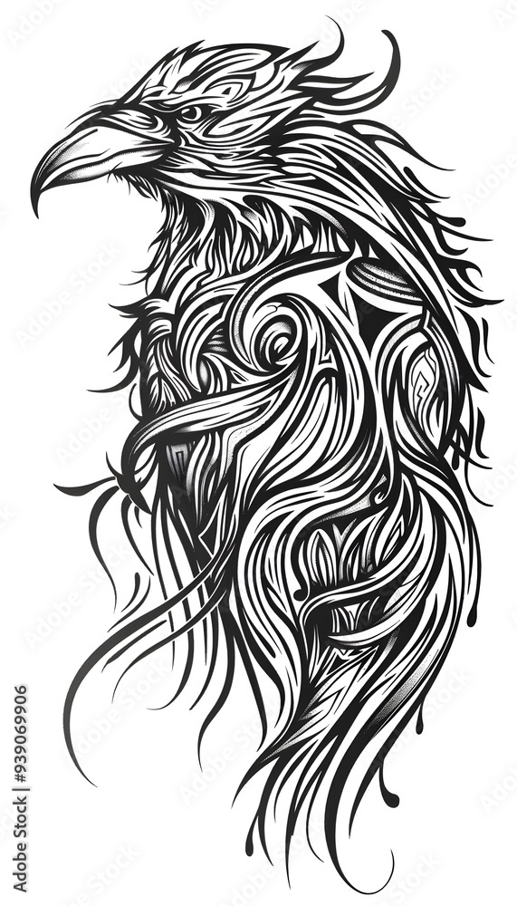 Tribal Raven Tattoo black and white illustration Tribal Raven Tattoo black and white illustration