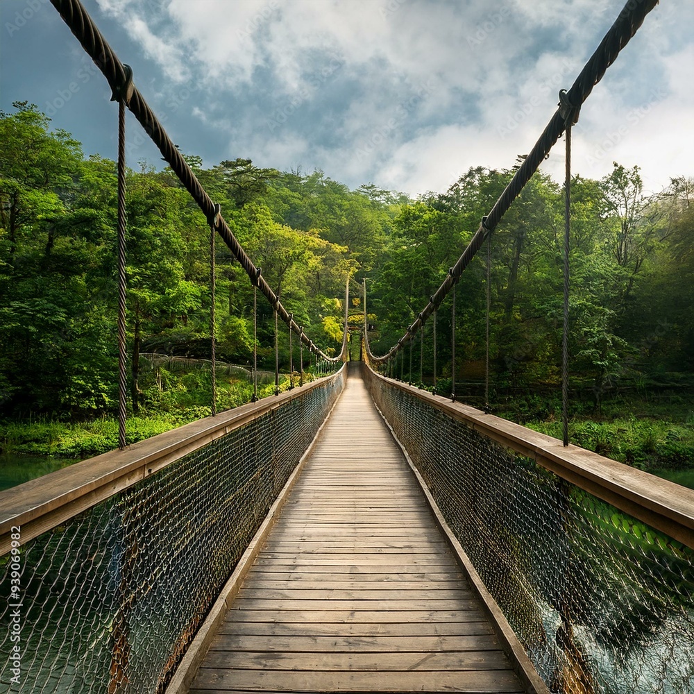 Fototapeta premium 아름다운 숲으로 이어지며 강 아래에 있는 다리, A bridge under a river leading into a beautiful forest