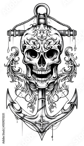 Tribal Skull and Anchor Tattoo black and white illustration photo