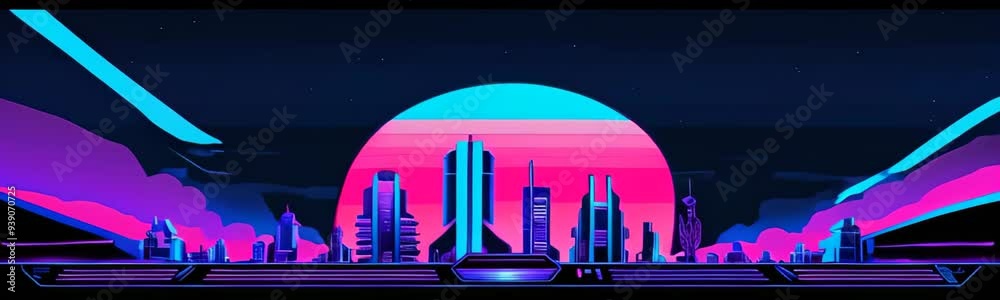 retro-futuristic 80s style with neon city backgrounds. retro neon city with buildings and shining sun on the background. Cyber city travel in a retro style retro-futuristic 80s style with neon city backgrounds. retro neon city with buildings and shining sun on the background. Cyber city travel in a retro style