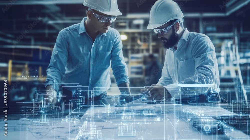 Engineers discussing a blueprint with digital overlay, showcasing innovation in construction Engineers discussing a blueprint with digital overlay, showcasing innovation in construction