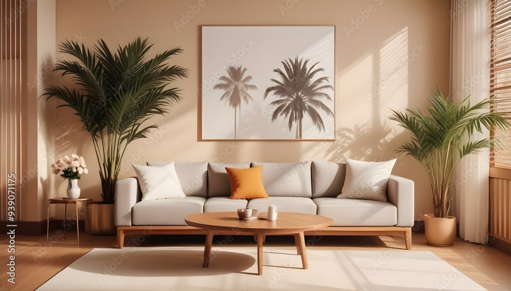 Interior mockup In a white room a blue sofa is placed next to a photo frame on the wall Interior mockup In a white room a blue sofa is placed next to a photo frame on the wall