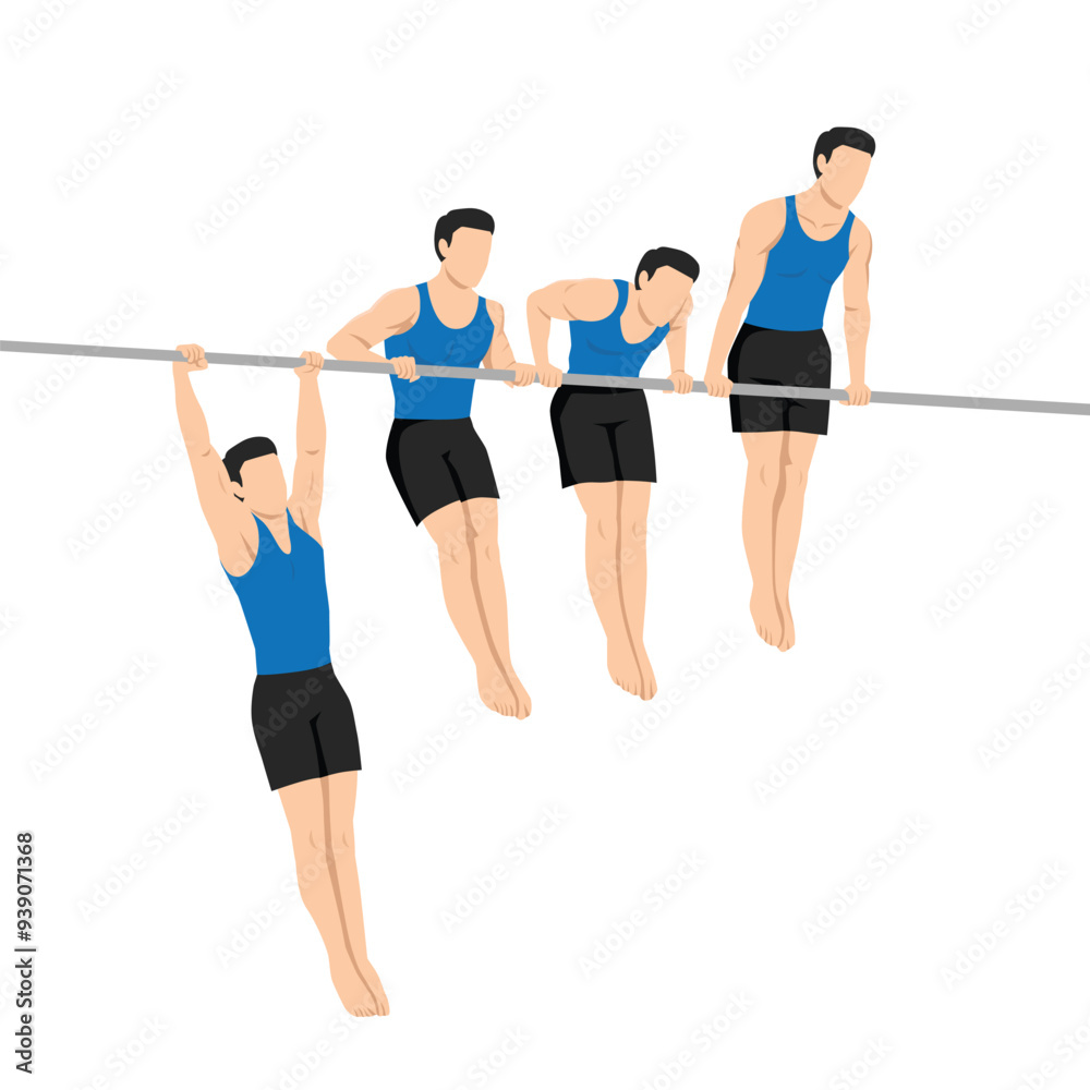 Man doing 4 steps of Muscle up on bar calisthenics movement. Flat vector illustration isolated on white background Man doing 4 steps of Muscle up on bar calisthenics movement. Flat vector illustration isolated on white background