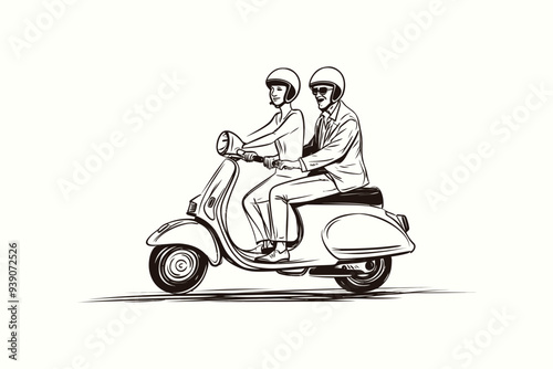 people riding a scooter outline sketch, vector