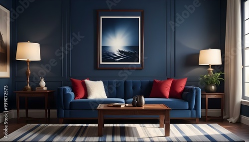 Interior mockup In a white room a blue sofa is placed next to a photo frame on the wall