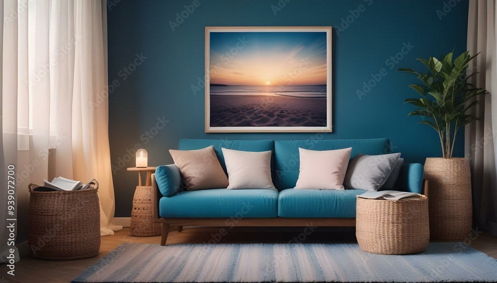 Interior mockup In a white room a blue sofa is placed next to a photo frame on the wall Interior mockup In a white room a blue sofa is placed next to a photo frame on the wall