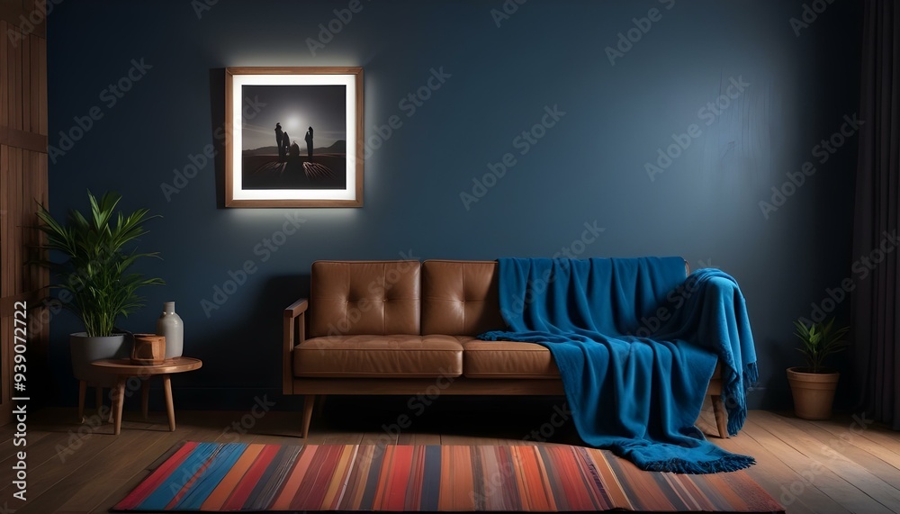Interior mockup In a white room a blue sofa is placed next to a photo frame on the wall Interior mockup In a white room a blue sofa is placed next to a photo frame on the wall