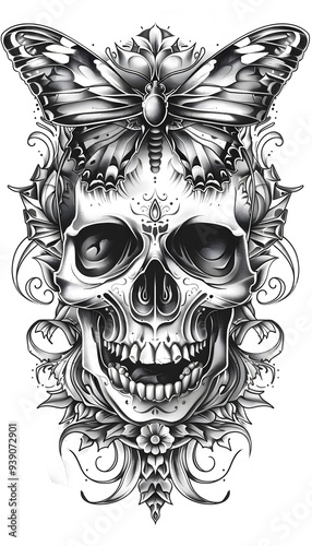 Tribal Skull and Butterfly Tattoo black and white illustration