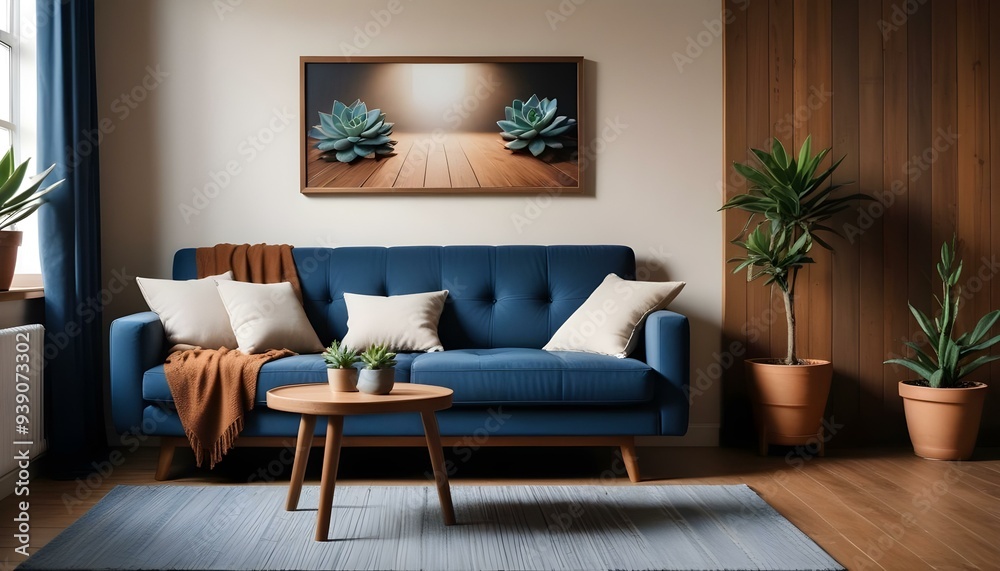 Interior mockup In a white room a blue sofa is placed next to a photo frame on the wall Interior mockup In a white room a blue sofa is placed next to a photo frame on the wall