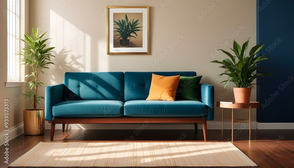 Interior mockup In a white room a blue sofa is placed next to a photo frame on the wall