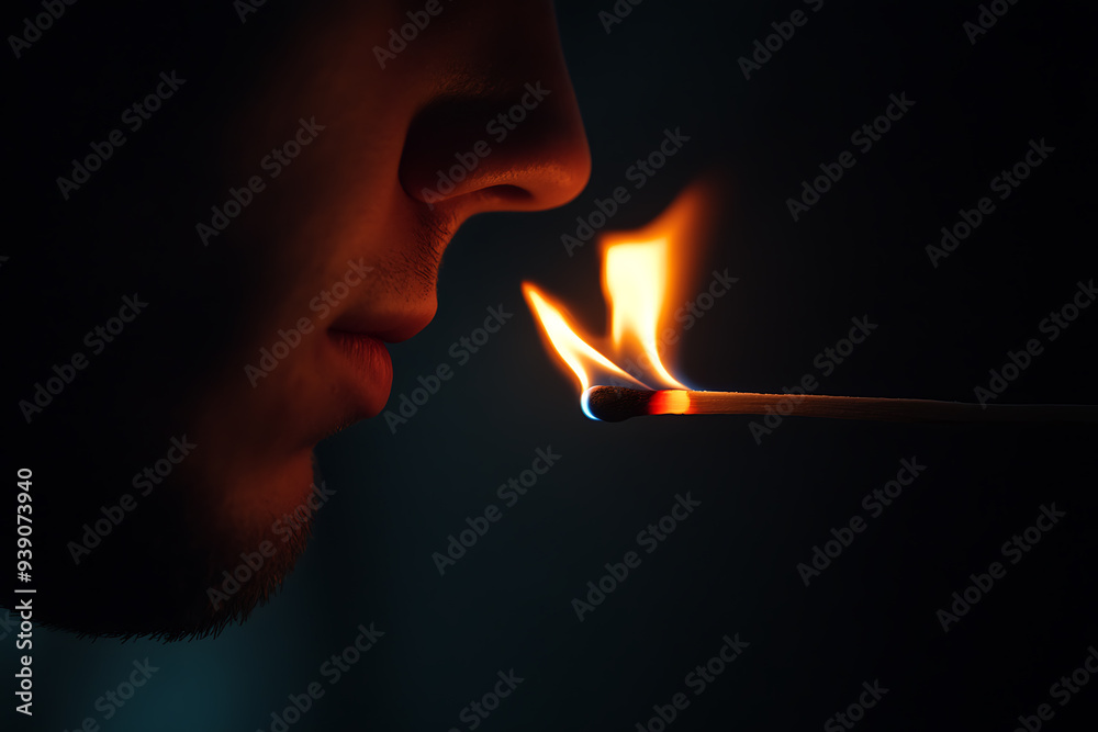 A burning match alongside a man, symbolizing the fragile nature of patience and self-control. A burning match alongside a man, symbolizing the fragile nature of patience and self-control.