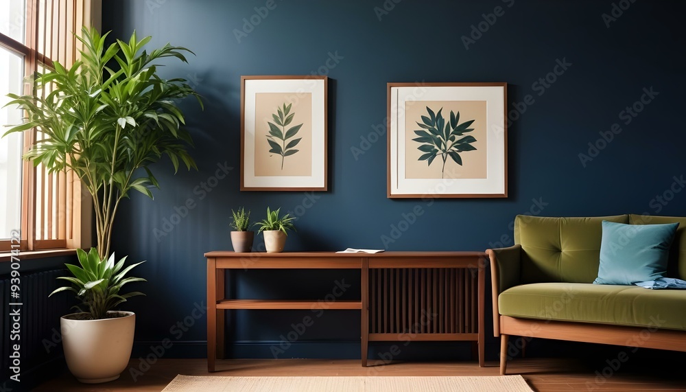 Interior mockup In a white room a blue sofa is placed next to a photo frame on the wall Interior mockup In a white room a blue sofa is placed next to a photo frame on the wall