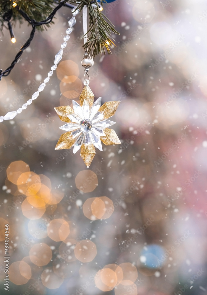 Beautiful festive snowflake decoration on the Christmas tree. Close-up. Beautiful Christmas background. The concept of decorations and decor for the new year. New Year's Card 2025 Beautiful festive snowflake decoration on the Christmas tree. Close-up. Beautiful Christmas background. The concept of decorations and decor for the new year. New Year's Card 2025