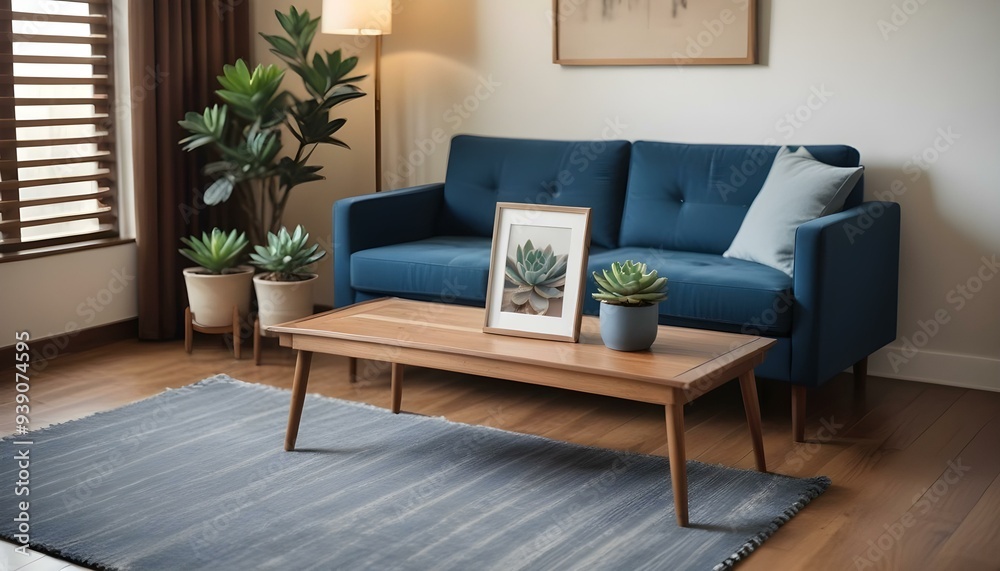 Interior mockup In a white room a blue sofa is placed next to a photo frame on the wall Interior mockup In a white room a blue sofa is placed next to a photo frame on the wall