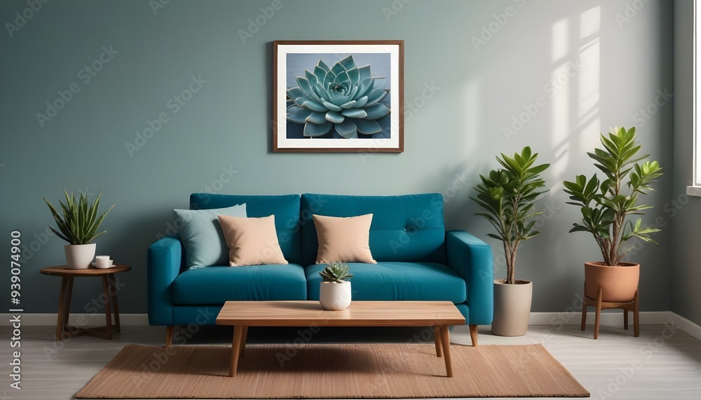Interior mockup In a white room a blue sofa is placed next to a photo frame on the wall Interior mockup In a white room a blue sofa is placed next to a photo frame on the wall