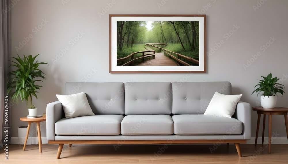 Interior mockup In a white room a blue sofa is placed next to a photo frame on the wall Interior mockup In a white room a blue sofa is placed next to a photo frame on the wall