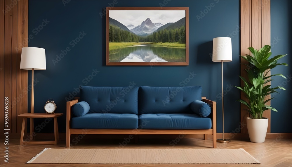 Interior mockup In a white room a blue sofa is placed next to a photo frame on the wall Interior mockup In a white room a blue sofa is placed next to a photo frame on the wall