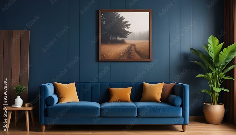Interior mockup In a white room a blue sofa is placed next to a photo frame on the wall Interior mockup In a white room a blue sofa is placed next to a photo frame on the wall